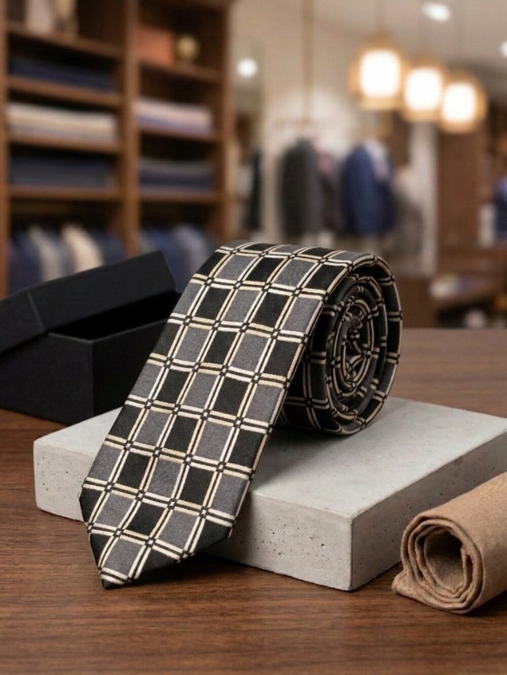 A classic black and gray patterned necktie